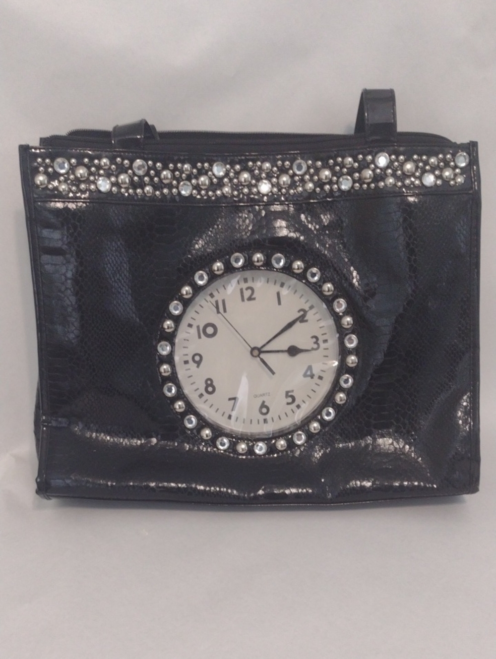 Far Nine Black Rhinestone Shoulder Bag With Working Clock (J864)